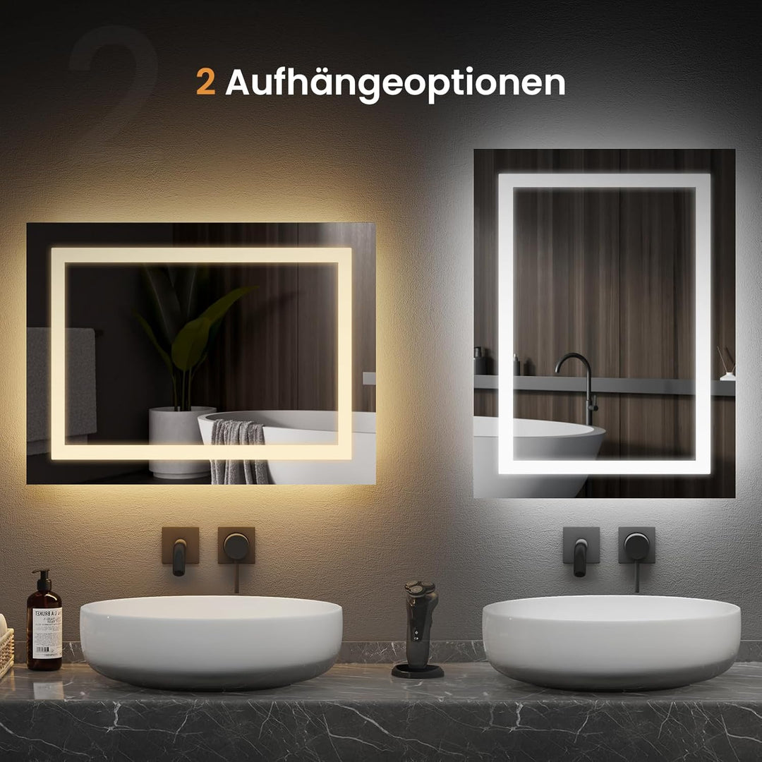 EMKE Badspiegel mit Beleuchtung 50x60cm Badezimmer Spiegel mit 2 Lichtfarbe Warmweiss/Kaltweiss, Ant