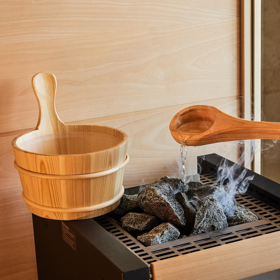 SUNNYDEALS klassisches Saunazubehörset | Saunaset 4-teilig aus naturbelassenem Holz | Saunaeimer &amp; K