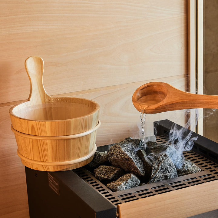 SUNNYDEALS klassisches Saunazubehörset | Saunaset 5-teilig aus naturbelassenem Holz | Saunaeimer &amp; K