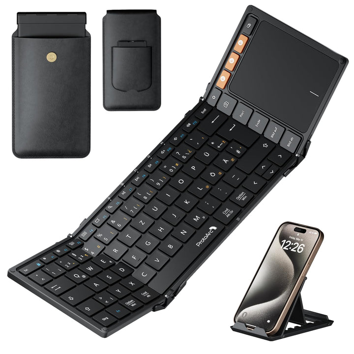 ProtoArc XK01 TP Bluetooth Tastatur Faltbare mit Touchpad, Tastatur Kabellos Klappbare QWERTZ Deutsc