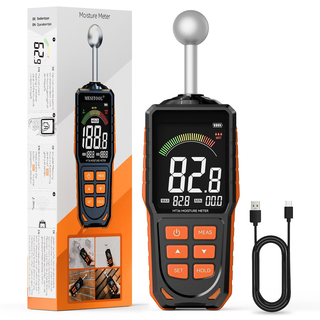 Feuchtigkeitsmessgerät Wand & Holz, Zerstörungsfreies Feuchtemesser mit Kugelsensor, 40mm Tiefenscan