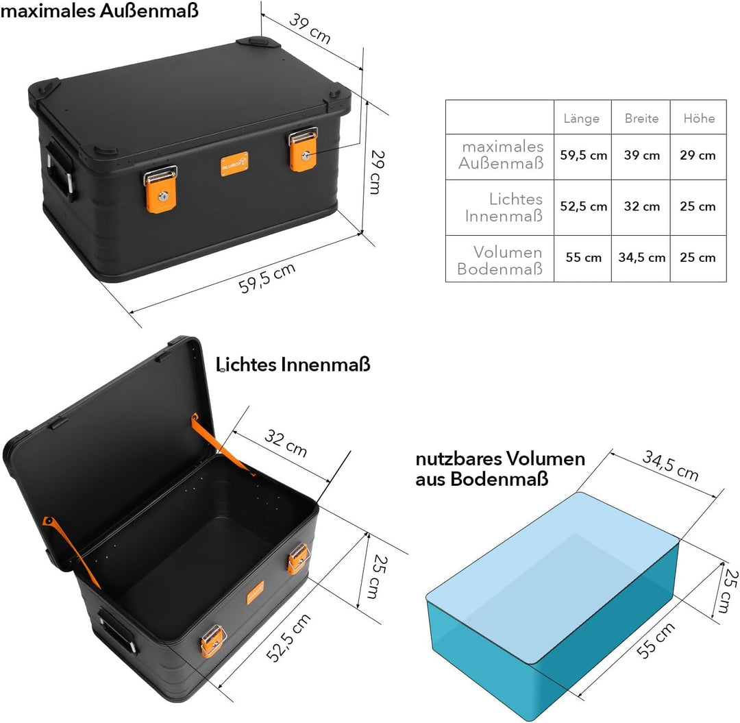ALUBOX Alukiste abschliessbar E47B - Premium Aluminium Lagerbox 47 Liter - Deckel mit Aluminium Druc