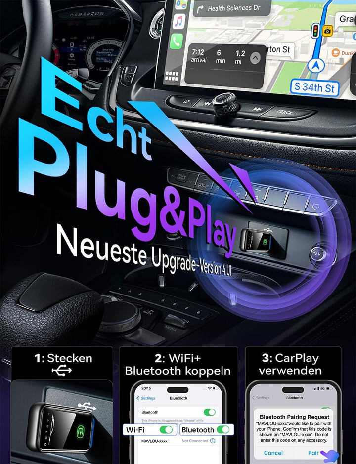 CarPlay Wireless Adapter für iPhone, Stabiler Schneller Mini, Superschnelle Upgrade von Wired auf Wi