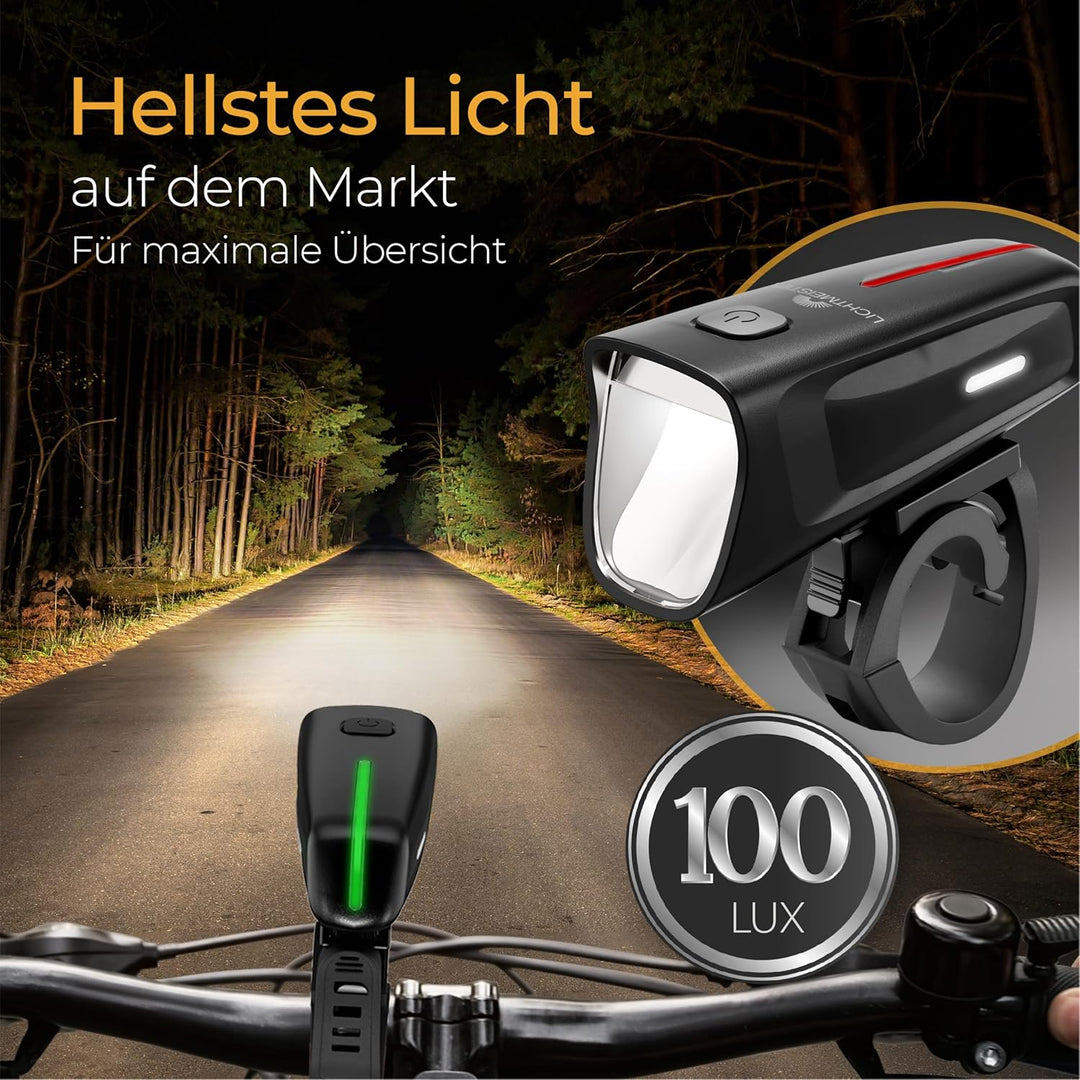 Fahrradlicht 100 Lux - 2000 mAh Akku - mit Reflektor und Bremslicht - StVZO zugelassen, USB-C auflad