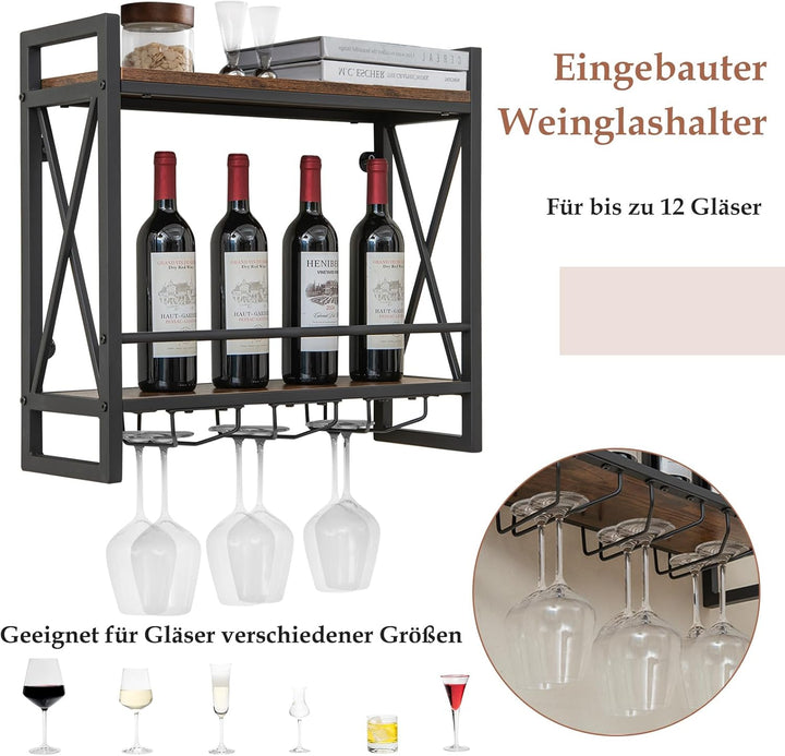COSTWAY 2 Ebenen Weinregal Wand, Flaschenregal Holz mit Metallrahmen, mit 3 Reihen Weingläserhalter,
