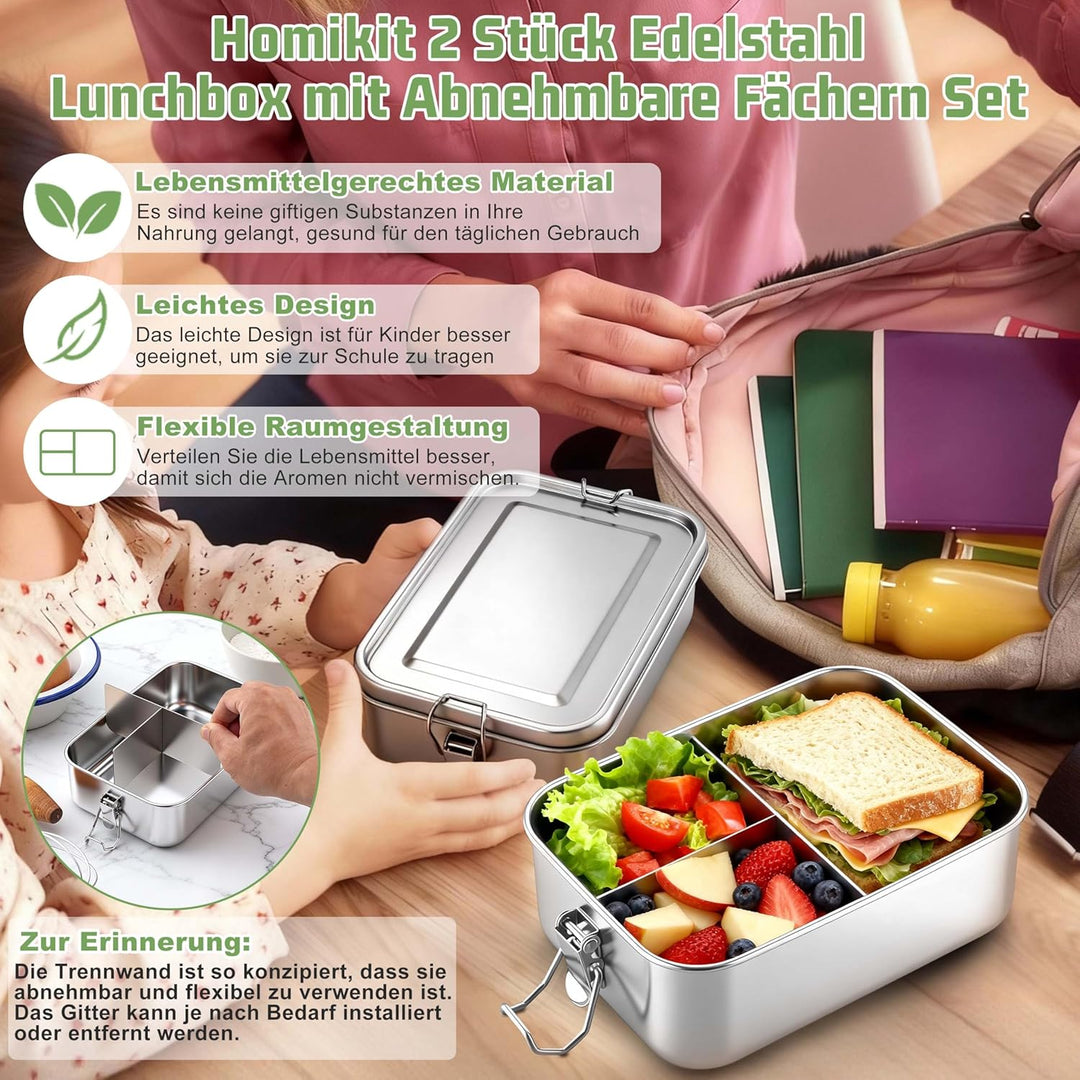 Homikit Brotdose mit Fächern 2er Set, 2400ml Edelstahl Lunchbox Bento Box Erwachsene, Auslaufsicher