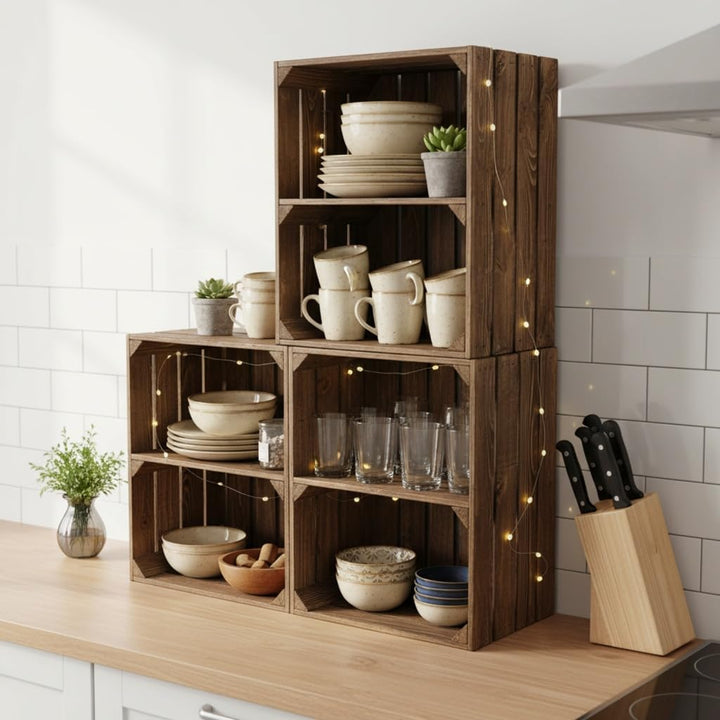 Teramico Massive Holzkisten als Schuhregal/Bücherregal LEICHT GEFLAMMT mit Zwischenbrett (verschraub