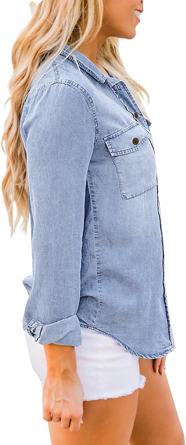 Damen Jeanshemd - Damen Western Hemden Tunika Langarm Button Down Oberteile L Acid Wash Lakeside Blu