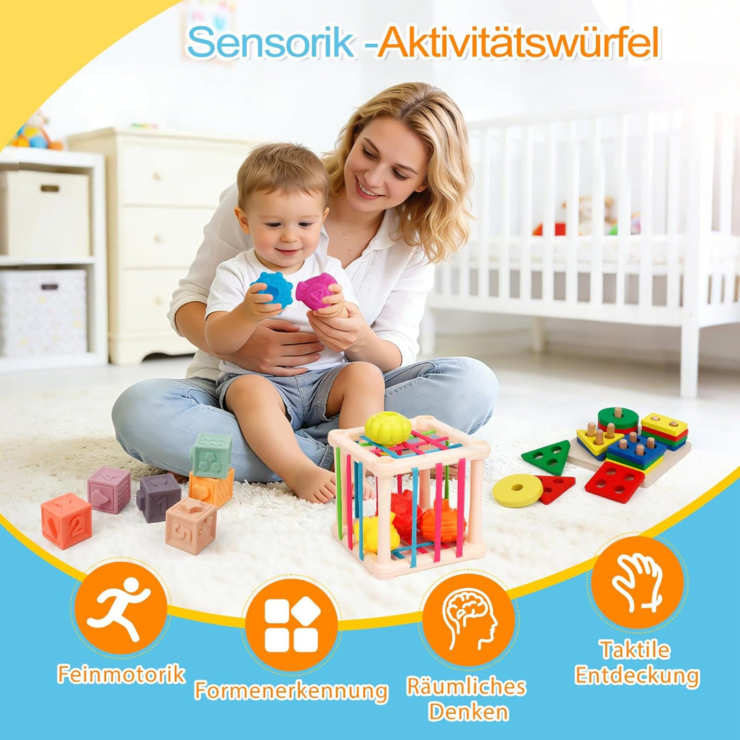 Montessori Spielzeug für Kleinkinder 1–3 Jahre, 7-in-1 Lernspielzeug Aktivitätsset mit Stoffbuch, St