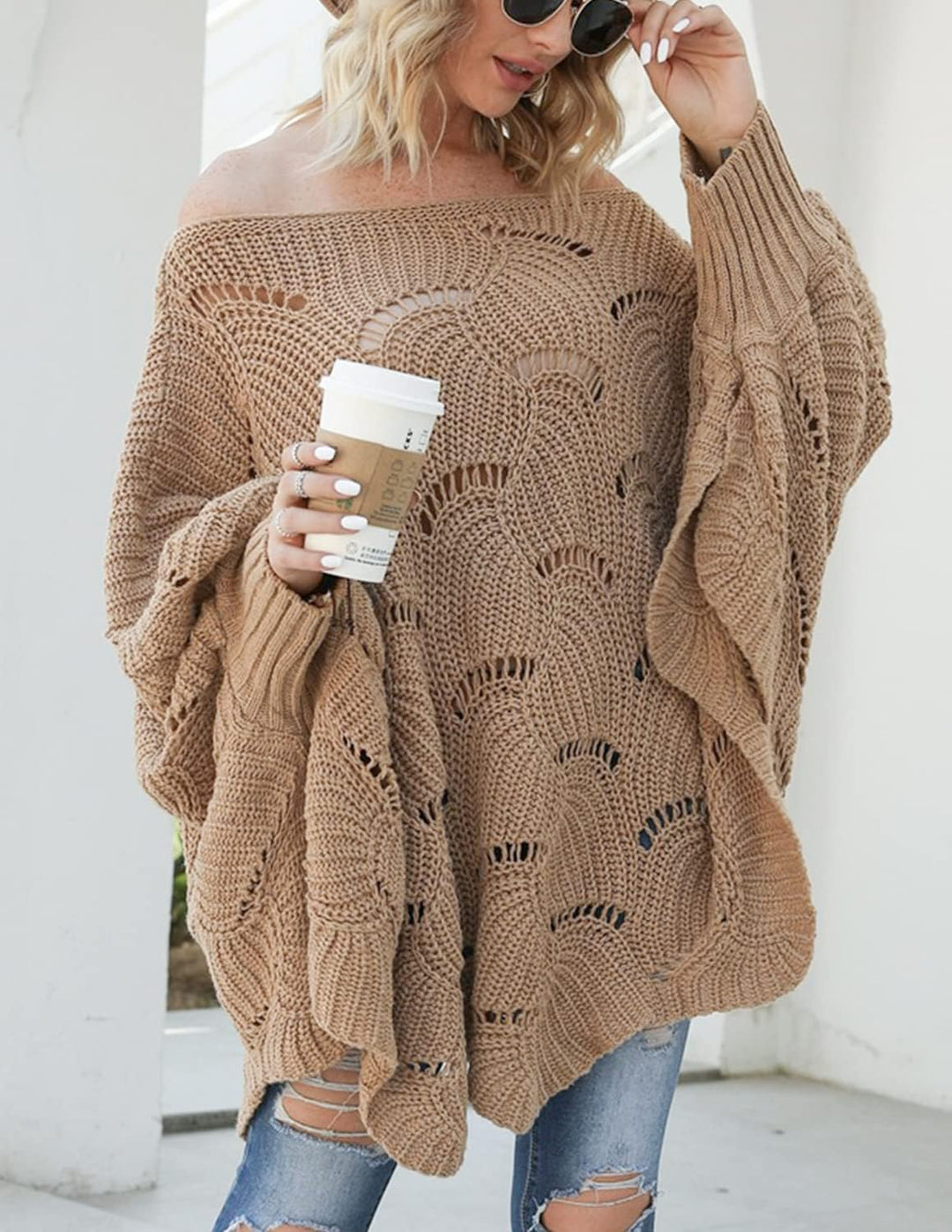 QUNERY Strickpullover Damen Winterpullover Knitted Rundhals Lose Pulli Damen Oversize Fledermausärme
