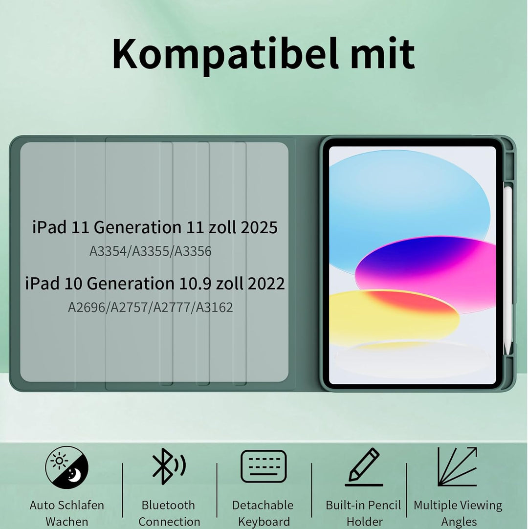 Hülle mit Tastatur für iPad A16 11 Generation 2025/10 Generation 2022 (11/10.9 Zoll) 7 Farben Beleuc