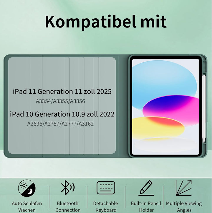 Hülle mit Tastatur für iPad A16 11 Generation 2025/10 Generation 2022 (11/10.9 Zoll) 7 Farben Beleuc