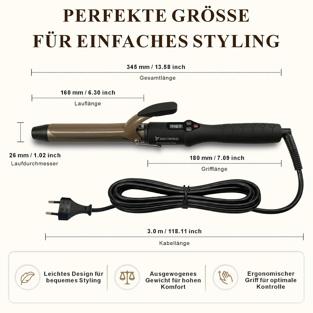 Professioneller Lockenstab mit LCD-Display, 30 Sek. Schnellaufheizung, 60°C–230°C, Keramik-Aluminium