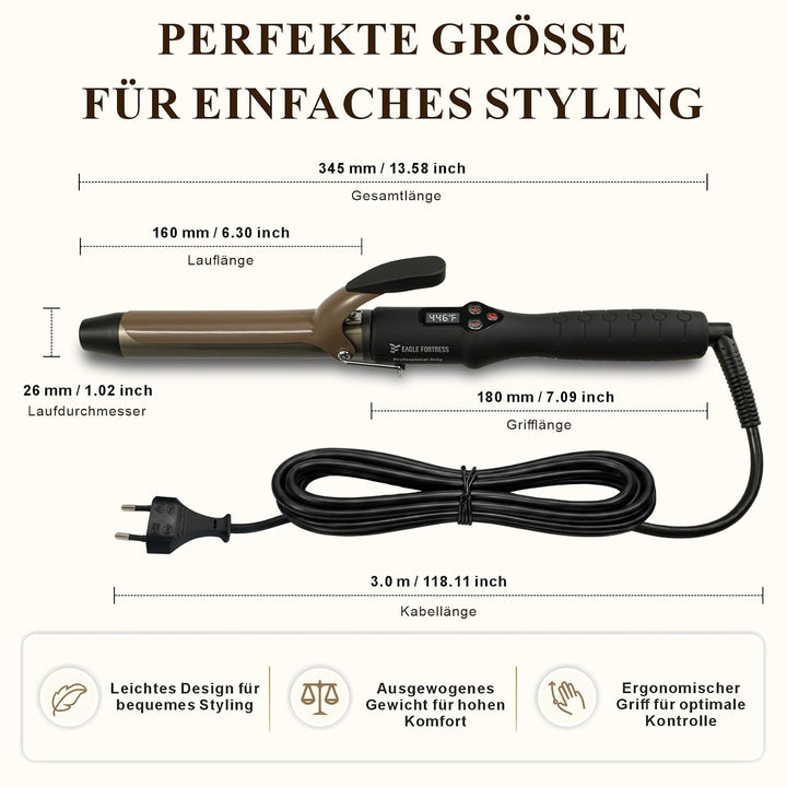 Professioneller Lockenstab mit LCD-Display, 30 Sek. Schnellaufheizung, 60°C–230°C, Keramik-Aluminium