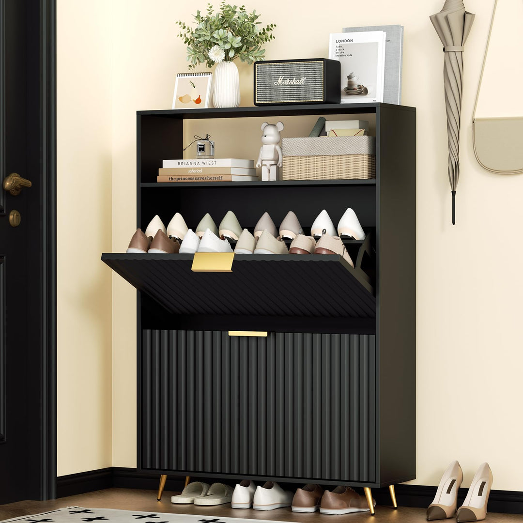 Urban Deco Schuhschrank Schwarz, 75 x 24 x 116 cm, Schuhkipper mit 2 Klappen, Schuhregal Schmal mit