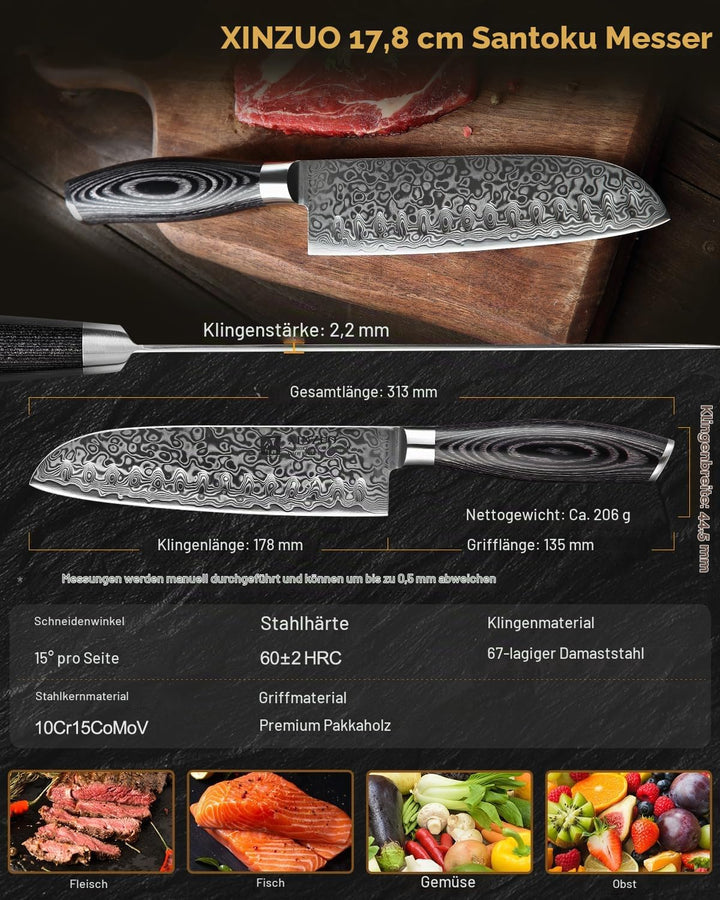 XINZUO 17,8cm Damaststahl Santokumesser, Profi Damastmesser Kochmesser Damaskus Chefmesser, Scharfe