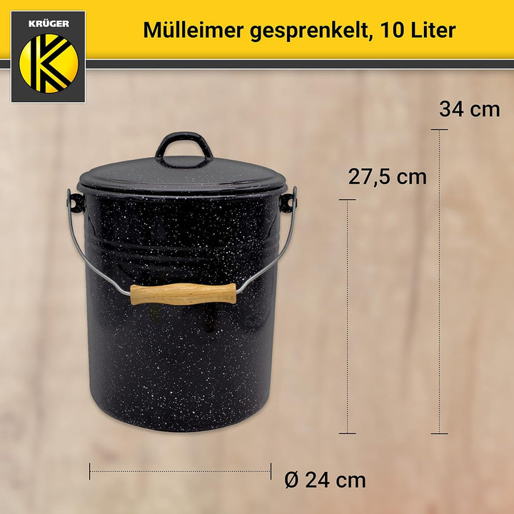 KRÜGER Mülleimer mit Deckel - Stahl Abfalleimer mit Emaille-Beschichtung und Holzgriff - schnitt- un