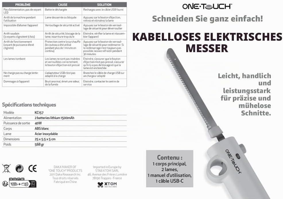 ONE TOUCH Kabelloses Elektromesser KC 157 – Akku-Küchenmesser mit 2 Edelstahlklingen (25cm), 3h Lauf