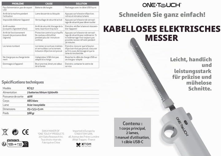 ONE TOUCH Kabelloses Elektromesser KC 157 – Akku-Küchenmesser mit 2 Edelstahlklingen (25cm), 3h Lauf