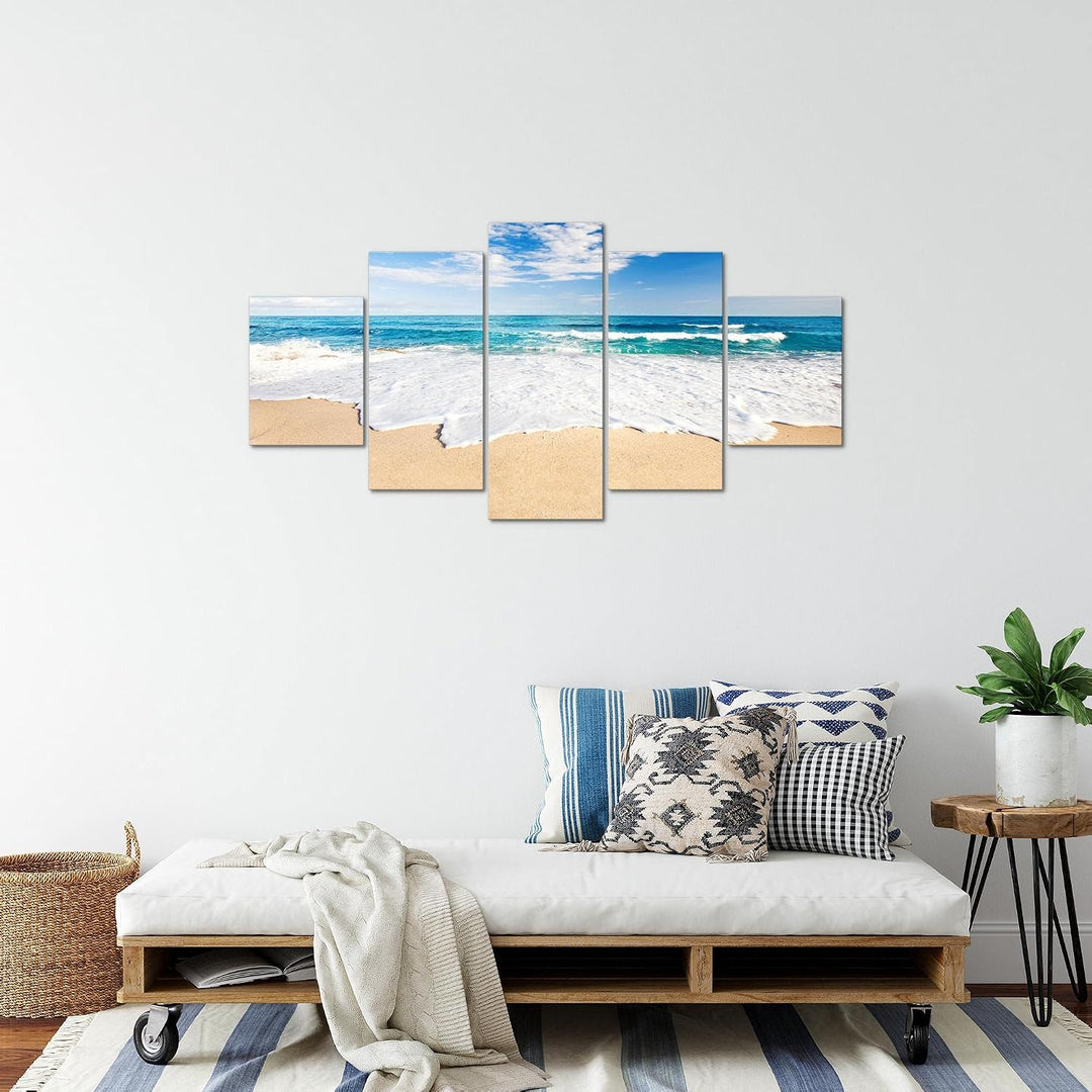 Runa Art Bild Schlafzimmer Wohnzimmer Strand Meer 5 Teilig Welle Beige Blau Wandbilder auf Vlies Lei