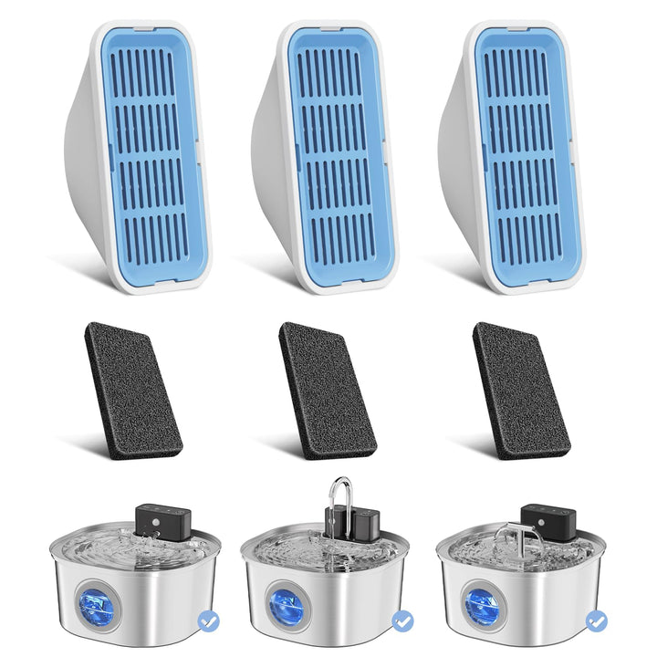 Ersatz-Katzen-Wasserbrunnenfilter, 3 Filter und 3 Vorfilterschwämme für 3,2 l Edelstahl-Wasserbrunne