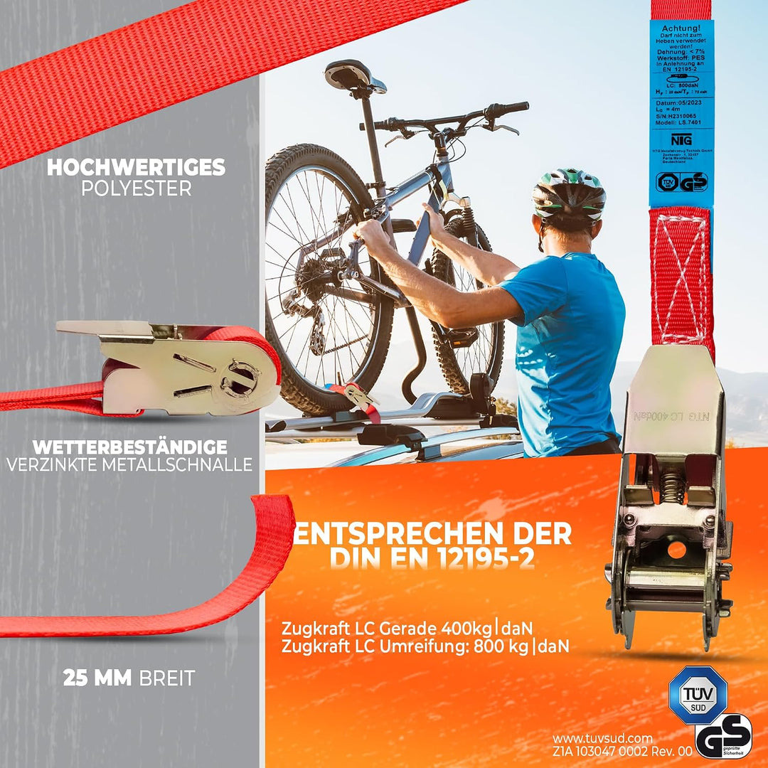 NTG Spanngurte mit Ratsche - 800kg Kapazität - 4m lang 8 Stück - 25mm breit - TÜV GS zertifizierte R