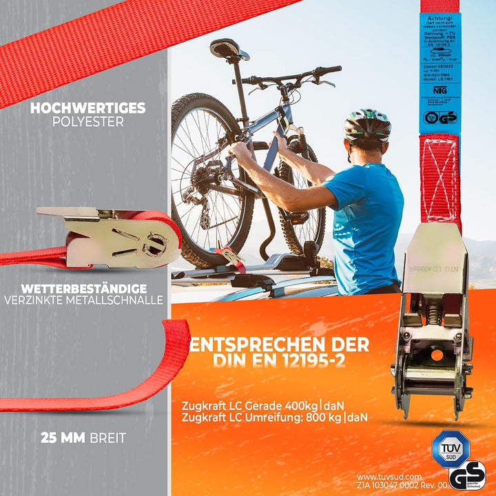 NTG Spanngurte mit Ratsche - 800kg Kapazität - 4m lang 8 Stück - 25mm breit - TÜV GS zertifizierte R
