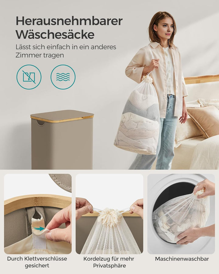 SONGMICS Wäschekorb mit Deckel, Wäschesammler 90 L, herausnehmbarer Wäschesack, Oxford-Gewebe, Griff