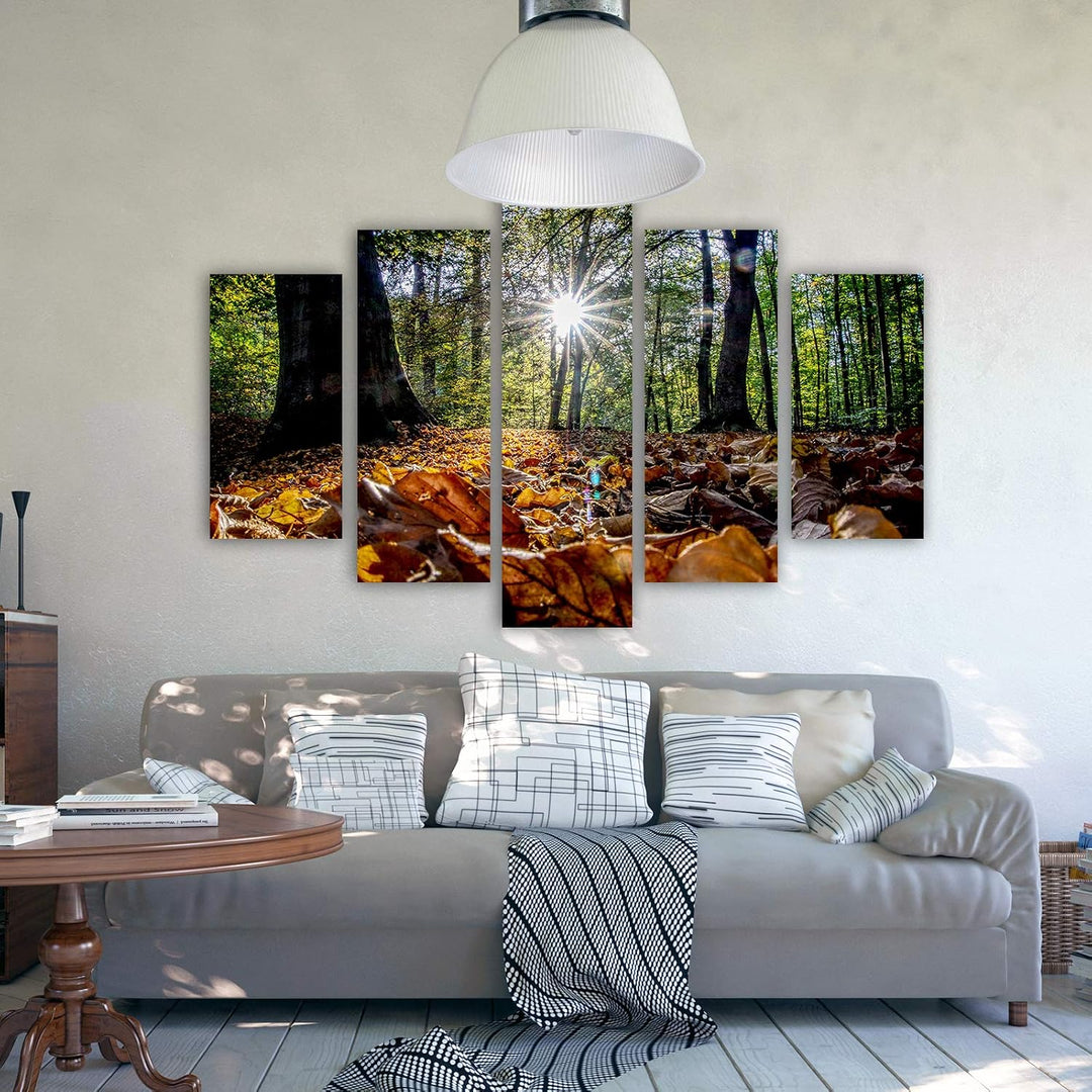 Feeby Bild auf Leinwand Blätter 5 Teilig Modern Bäume Sonne Landschaft orange 150x100 cm Leinwandbil