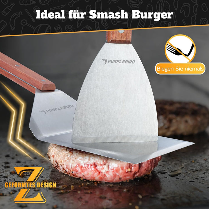 PURPLEBIRD Grillspachtel Set aus Edelstahl, Plancha Spachtels Set mit Gross Grillwender für Smash Bu