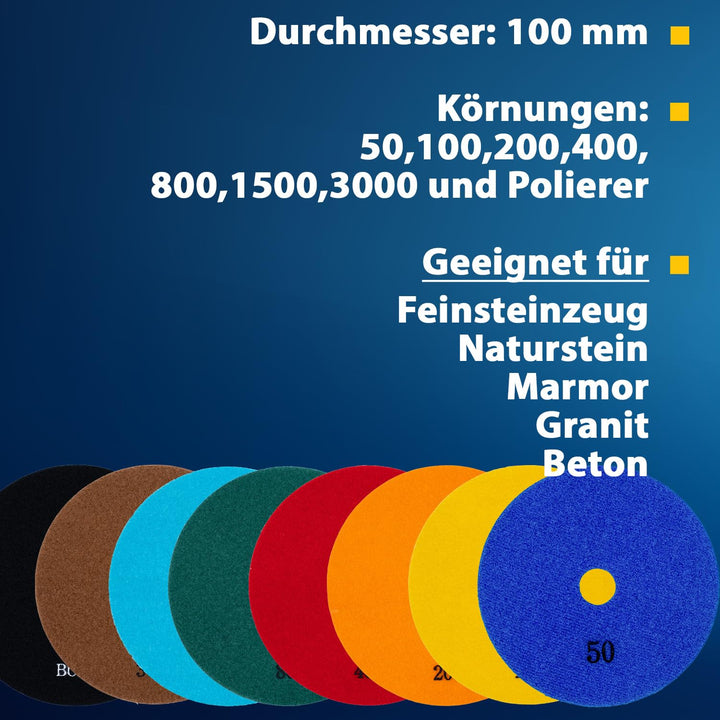 EDW Diamant-Schleifpad Set 9 teilig, D=100mm Trocken, Klettaufnahme, Naturstein, Fliesen, Feinsteinz