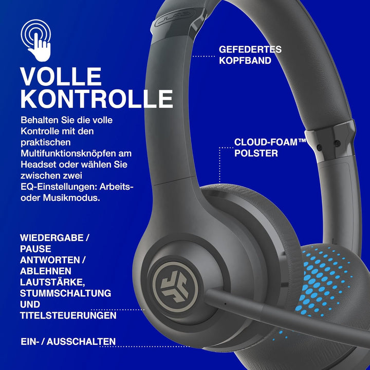JLab Go Work 2nd Gen Headset mit Mikrofon Bluetooth & USB C Dongle, 55+ Std. Akku, On Ear Wireless H