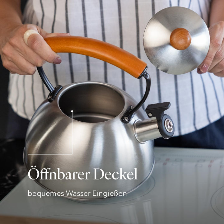 Florina Wooden Wasserkessel Induktion, Flötenkessel, Alle Herdarten, 2,3 L, Edelstahl Teekessel, Hol