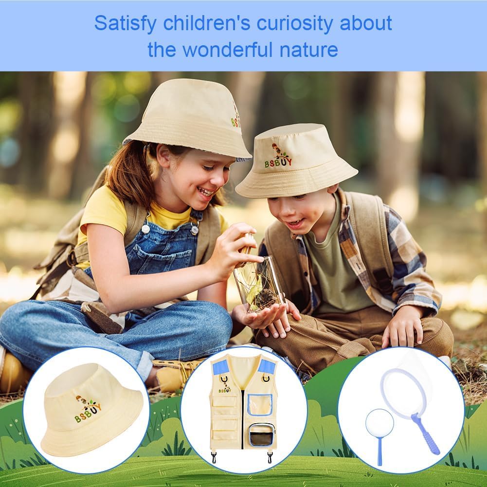 Forscherset für Kinder 4Pcs Exploration Spielzeug mit Frachtweste Hut Insektennetz und Lupe Outdoor
