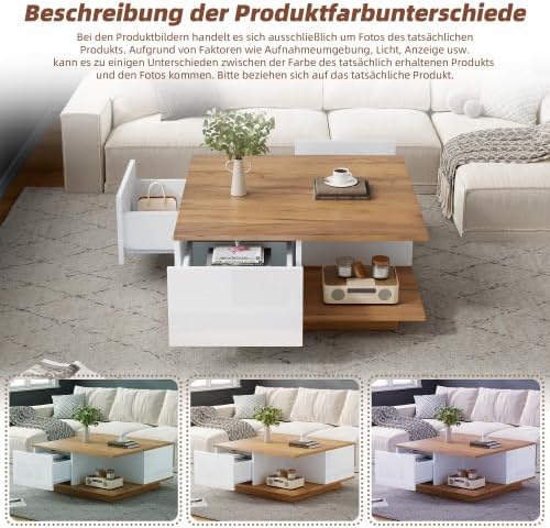 Merax Moderner Couchtisch Weiss + Holzfarbe – Quadratischer Sofatisch mit 3 Schubladen und Hochglanz