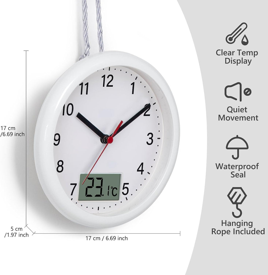 VIVILINEN Badezimmeruhr mit Temperaturanzeige Wanduhr ohne Tickgeräusche Küchenuhr mit Hängeband & S