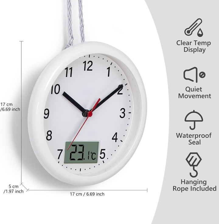 VIVILINEN Badezimmeruhr mit Temperaturanzeige Wanduhr ohne Tickgeräusche Küchenuhr mit Hängeband & S