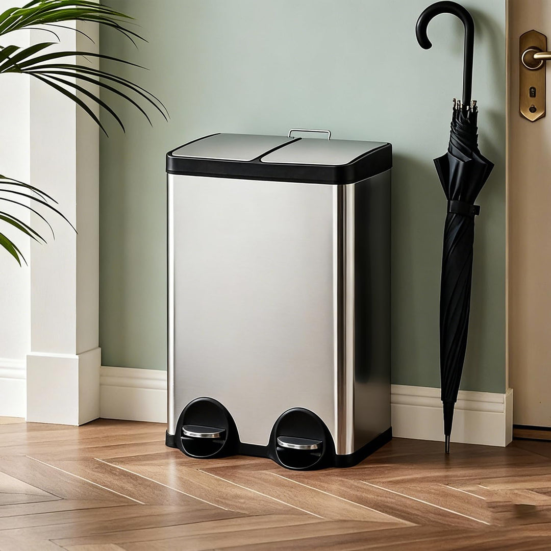 Mülleimer Küche 60l, 2x30L Mülltrennsystem, Tretmülleimer, Silber | Mülleimer 2 Fächer, Edelstahl, H
