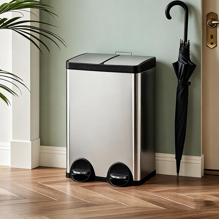 Mülleimer Küche 60l, 2x30L Mülltrennsystem, Tretmülleimer, Silber | Mülleimer 2 Fächer, Edelstahl, H