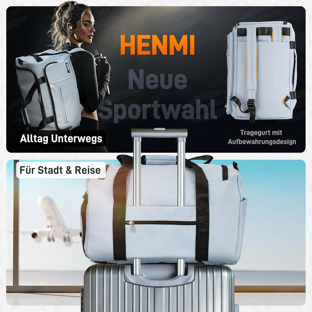HENMI Sporttasche &amp; Reisetasche für Herren und Damen, 43L Gross gymbag mit Schuhfach und Nassfach, F