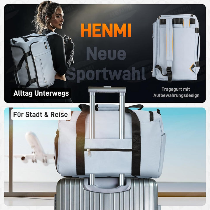 HENMI Sporttasche &amp; Reisetasche für Herren und Damen, 43L Gross gymbag mit Schuhfach und Nassfach, F