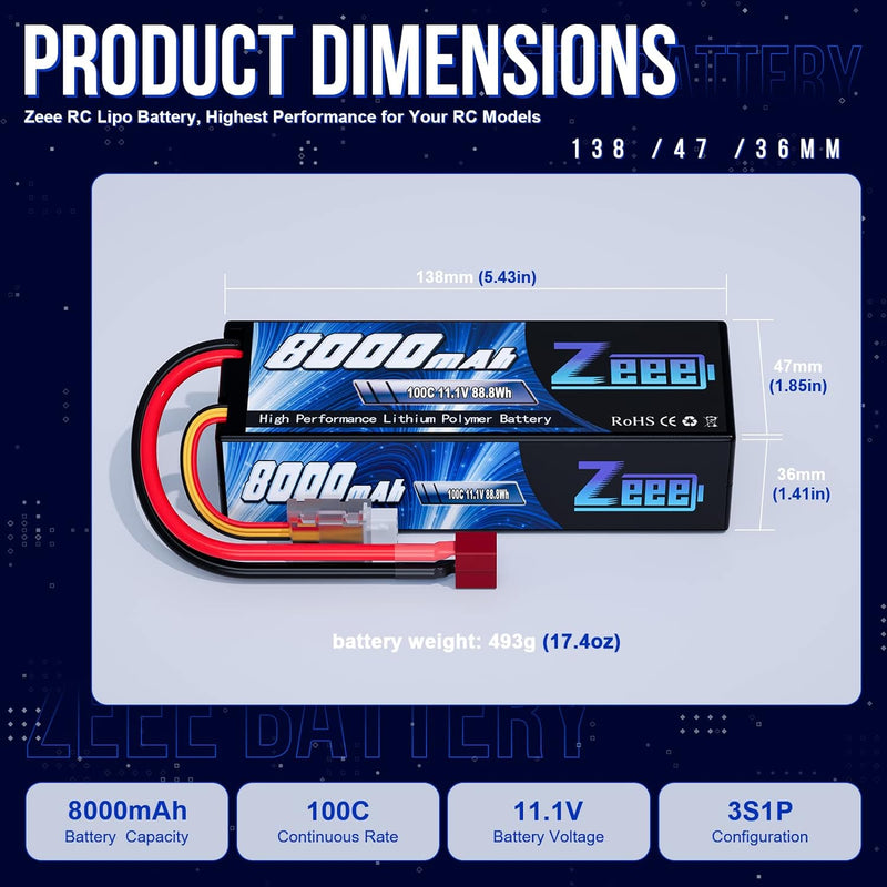 Zeee 3S Lipo Akku 11,1V 8000mAh 100C Hardcase Batterie mit Deans T Stecker für RC Evader BX Auto Car