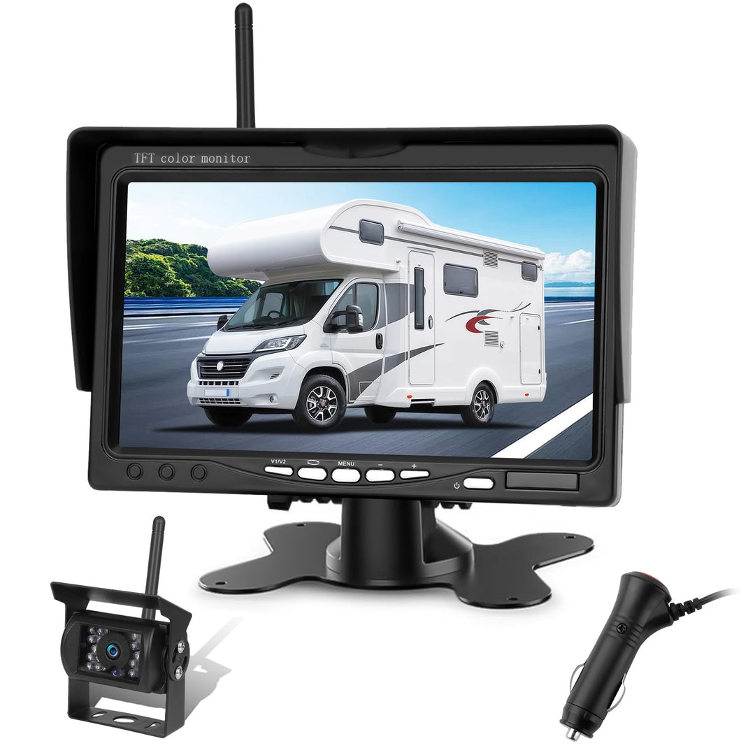 Rückfahrkamera Kabellos Set mit 7" HD Rear View Monitor, IP68 wasserdichte Auto Rückfahrkamera Funk,