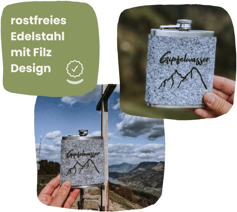 Gipfelgaudi Flachmann mit Filzüberzug & Lasergravur – 200 ml Edelstahl Taschenflasche | Stilvoller B