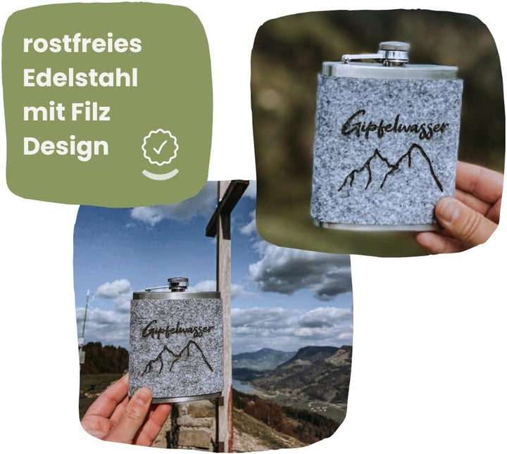Gipfelgaudi Flachmann mit Filzüberzug & Lasergravur – 200 ml Edelstahl Taschenflasche | Stilvoller B