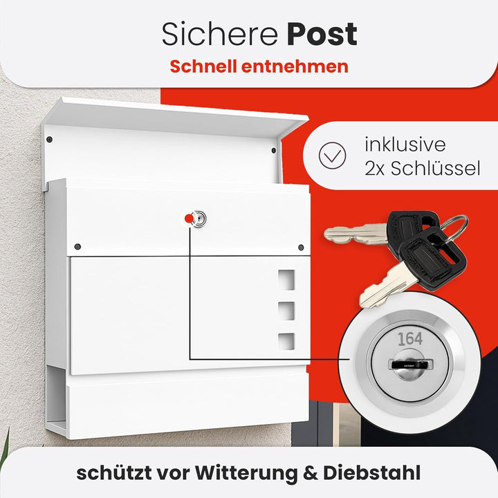 Rapid Teck® Design Briefkasten Modern 2 Weiss Silber mit Zeitungsfach, Stahl Pulverbeschichtet Weiss