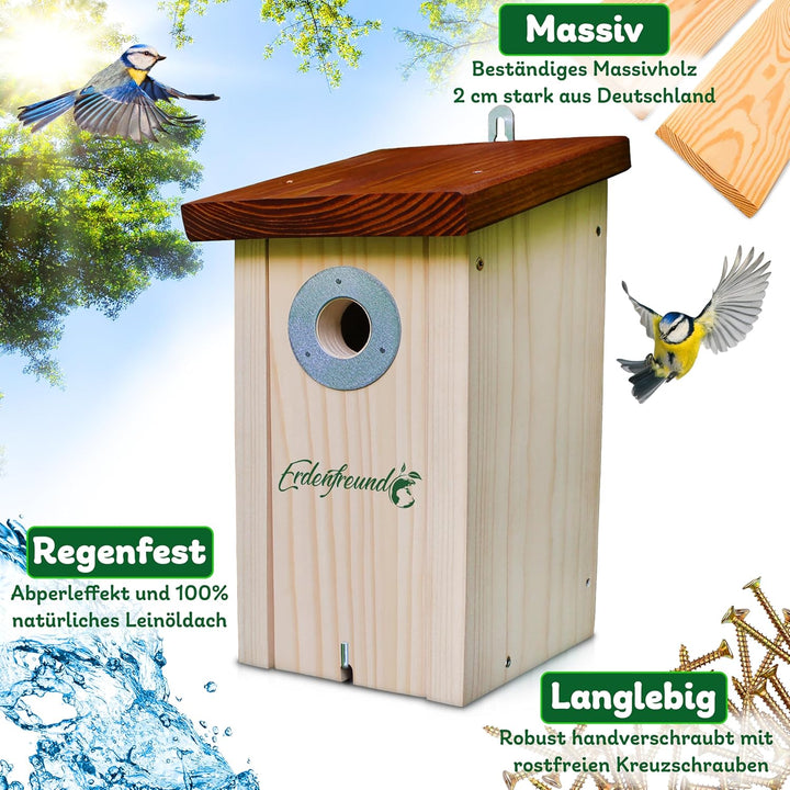 ERDENFREUND® Meisen Nistkasten 28mm Katzen-/Marderschutz innen Nistkasten für Vögel mit pickfestem S