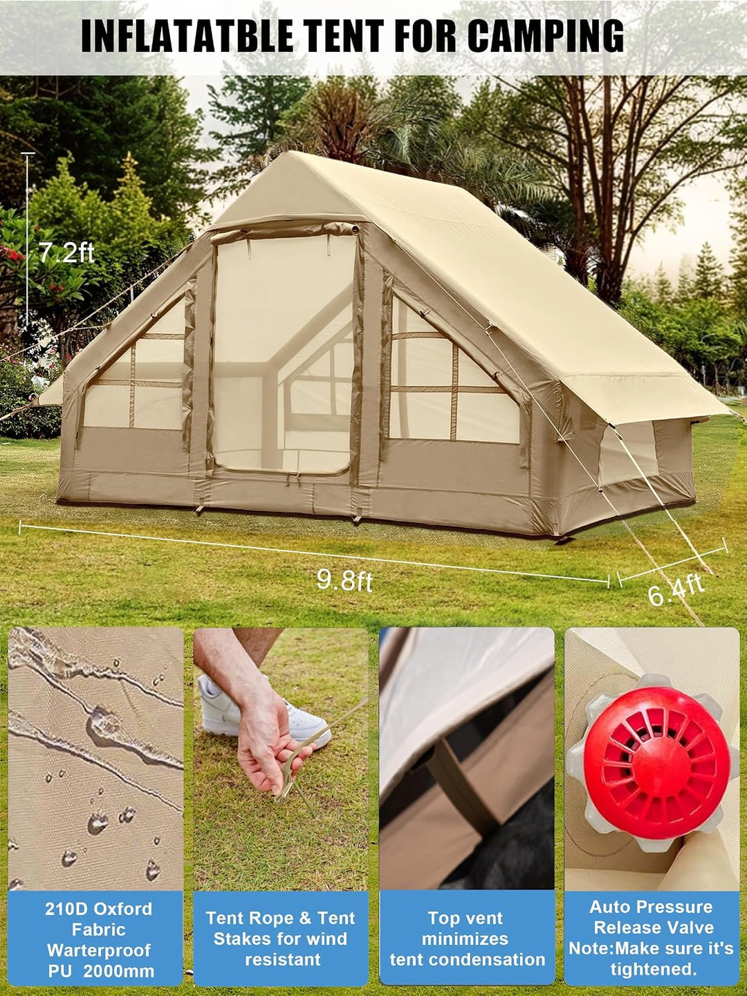 Inflatable Tents for Camping 2-4 Person - Easy Blow Up Glamping Tent with Hand Pump, Waterproof PVC