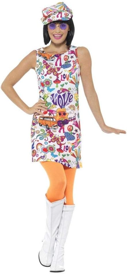 shoperama 60's Groovy Damen Kleid mit Ballon-Kappe A-Linie Mini-Rock 60er Jahre Sixties Twiggy Flowe