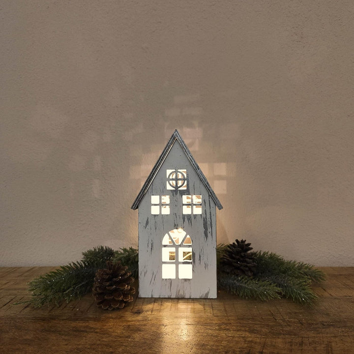 DARO DEKO Holz LED Haus weiss Silber 12 x 21cm, 12 x 21cm